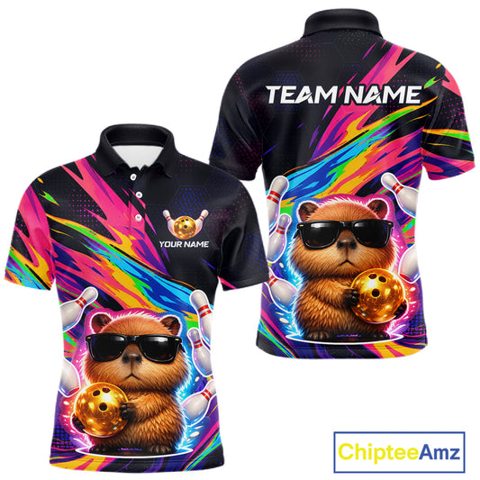 Colorful polo shirt with capybara design and 'Team Name' text on a white background