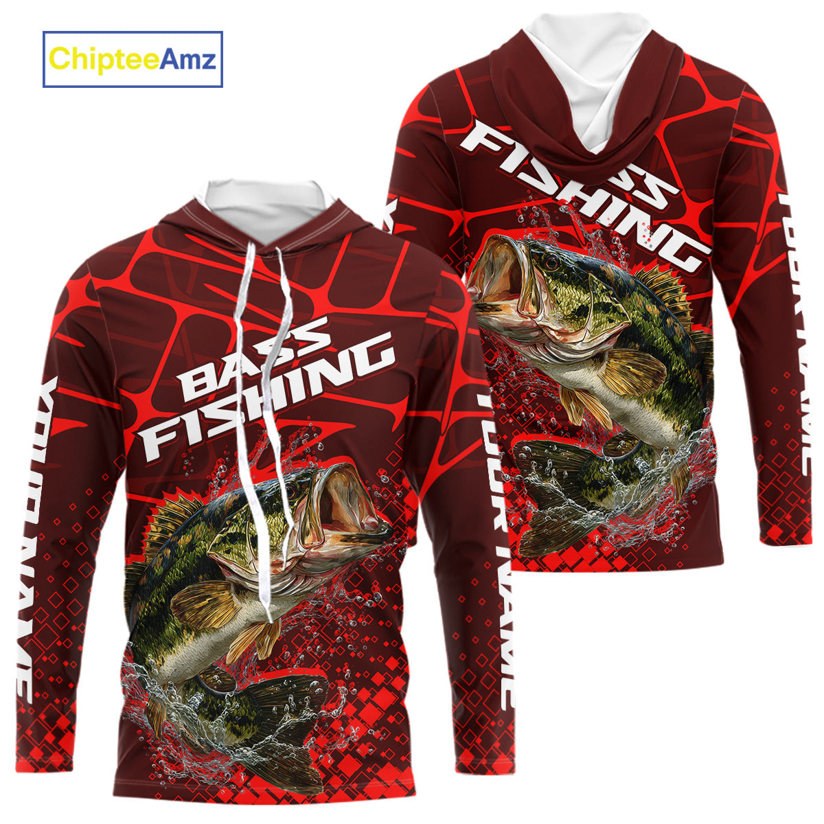 Largemouth Bass Fishing, Fishing Shirts Long Sleeve Hooded UPF Scale, Fishing Gift |Red NHT391