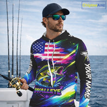 Load image into Gallery viewer, Personalized Walleye Fishing Jerseys, Custom American Flag Fishing Shirts Long Sleeve Hooded For Men NHT637