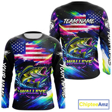 Load image into Gallery viewer, Personalized Walleye Fishing Jerseys, Custom American Flag Fishing Shirts Long Sleeve For Men NHT637