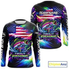 Load image into Gallery viewer, Personalized Rainbow Trout Fishing Jerseys, Custom American Flag Fishing Shirts Long Sleeve For Men NHT639