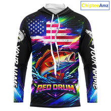 Load image into Gallery viewer, Personalized Redfish Fishing Jerseys, Custom American Flag Hooded Fishing Shirts Long Sleeve For Men NHT641