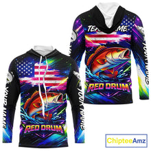 Load image into Gallery viewer, Personalized Redfish Fishing Jerseys, Custom American Flag Hooded Fishing Shirts Long Sleeve For Men NHT641
