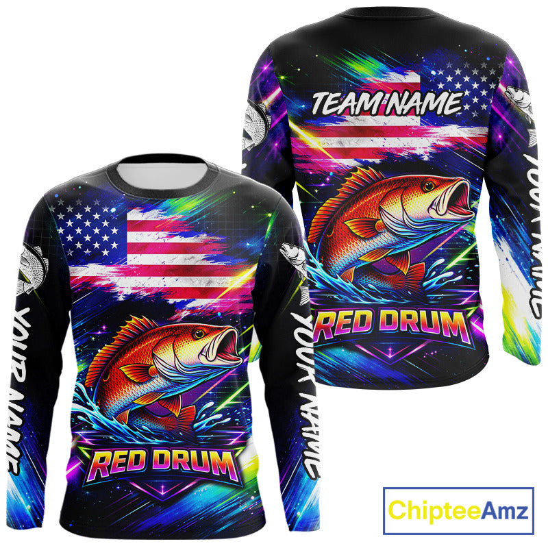 Personalized Redfish Fishing Jerseys, Custom American Flag Fishing Shirts Long Sleeve For Men NHT641