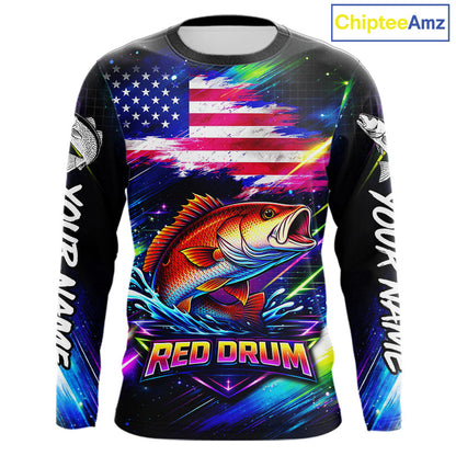Personalized Redfish Fishing Jerseys, Custom American Flag Fishing Shirts Long Sleeve For Men NHT641