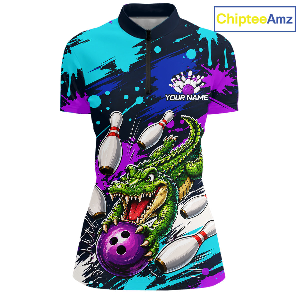 Colorful shirt with a crocodile holding a bowling ball and pins design, branded 'ChipteeAmz'.