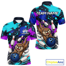 Load image into Gallery viewer, Colorful bowling-themed shirt with otter graphics and customizable text on a white background