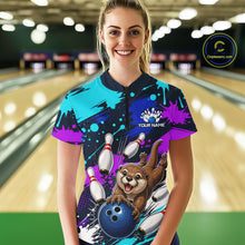 Load image into Gallery viewer, Person wearing a colorful bowling jersey with an otter and bowling ball design in a bowling alley.