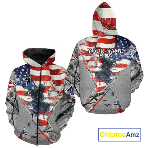 Deer Hunting 3D US Flag Camo Gray Grim Reaper Deer Skull Full Printing Custom Name Shirt NHT203