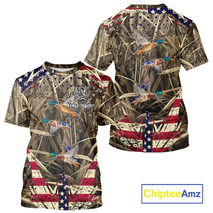 Beautiful Mallard Duck Hunting Waterfowl Camouflage Shirt with US Flag Duck Hunting Season NHT122