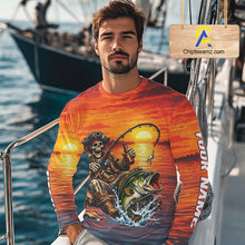 Load image into Gallery viewer, Skeleton Bass Fishing Shirts Long Sleeve – Sunset Fisherman Skull Design, Funny Fishing Gift For Anglers NHT536