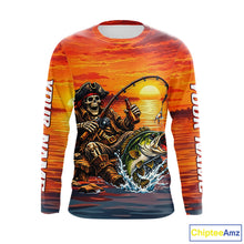 Load image into Gallery viewer, Skeleton Bass Fishing Shirts Long Sleeve – Sunset Fisherman Skull Design, Funny Fishing Gift For Anglers NHT536
