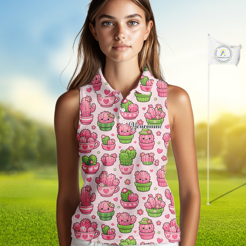 Cute Kawaii Cactus Womens Sleeveless Golf Polo Shirt, Funny Pink Cartoon Cactus Shirt NHT555