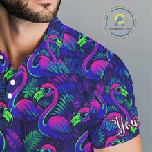 Load image into Gallery viewer, Mens Golf Polo Shirt Neon Flamingos Tropical Pattern Custom Name, Golfing Gifts NHT557