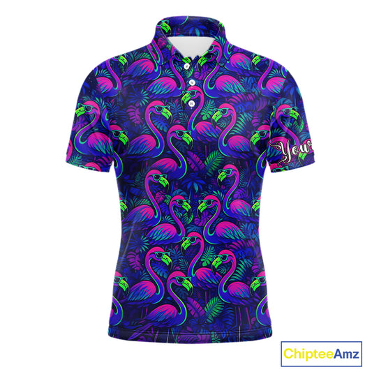 Mens Golf Polo Shirt Neon Flamingos Tropical Pattern Custom Name, Golfing Gifts NHT557