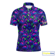 Load image into Gallery viewer, Mens Golf Polo Shirt Neon Flamingos Tropical Pattern Custom Name, Golfing Gifts NHT557