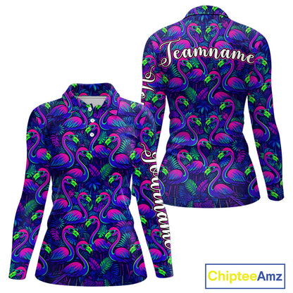 Womens Golf Polo Shirt Neon Flamingos Tropical Pattern Custom Name, Golfing Gifts NHT557