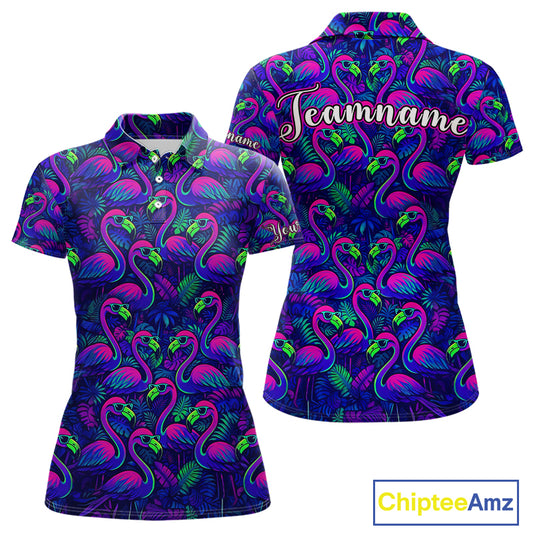 Womens Golf Polo Shirt Neon Flamingos Tropical Pattern Custom Name, Golfing Gifts NHT557