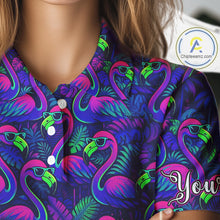 Load image into Gallery viewer, Womens Golf Polo Shirt Neon Flamingos Tropical Pattern Custom Name, Golfing Gifts NHT557