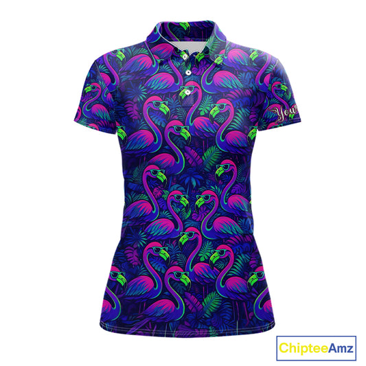 Womens Golf Polo Shirt Neon Flamingos Tropical Pattern Custom Name, Golfing Gifts NHT557