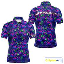 Load image into Gallery viewer, Mens Golf Polo Shirt Neon Flamingos Tropical Pattern Custom Name, Golfing Gifts NHT557