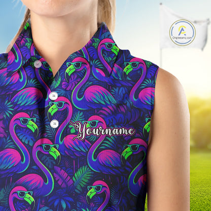 Womens Sleeveless Golf Polo Shirt Neon Flamingos Tropical Pattern Custom Name, Golfing Gifts NHT557