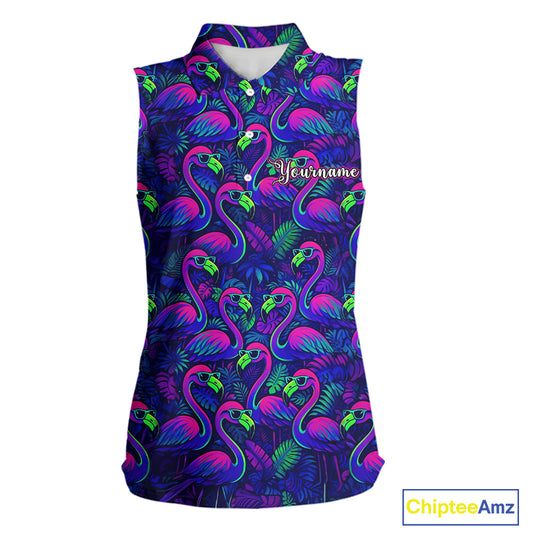 Womens Sleeveless Golf Polo Shirt Neon Flamingos Tropical Pattern Custom Name, Golfing Gifts NHT557