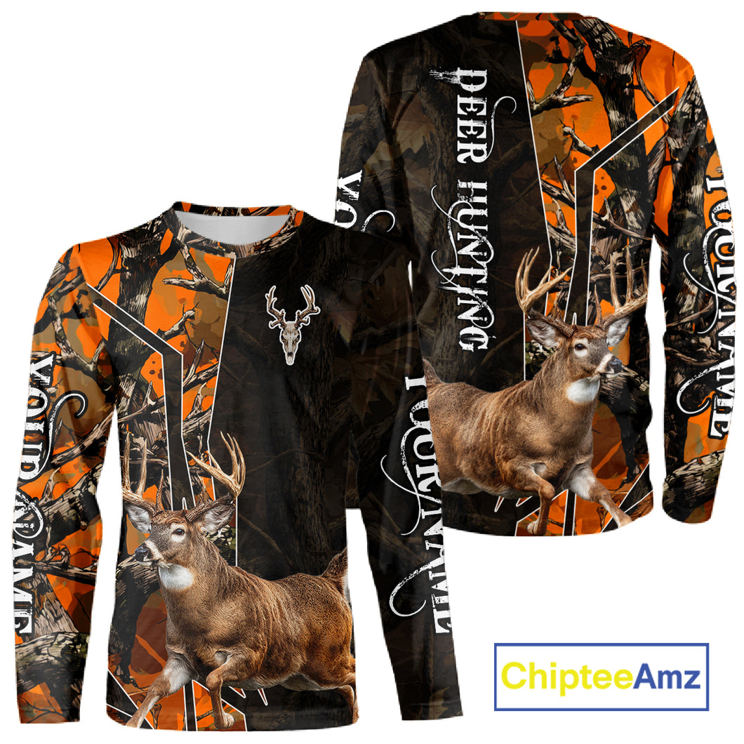 Deer Hunting Shirt 3D Orange Camo Black Custom Name With Deer Skull Whitetail, Hunting Gift NHT236