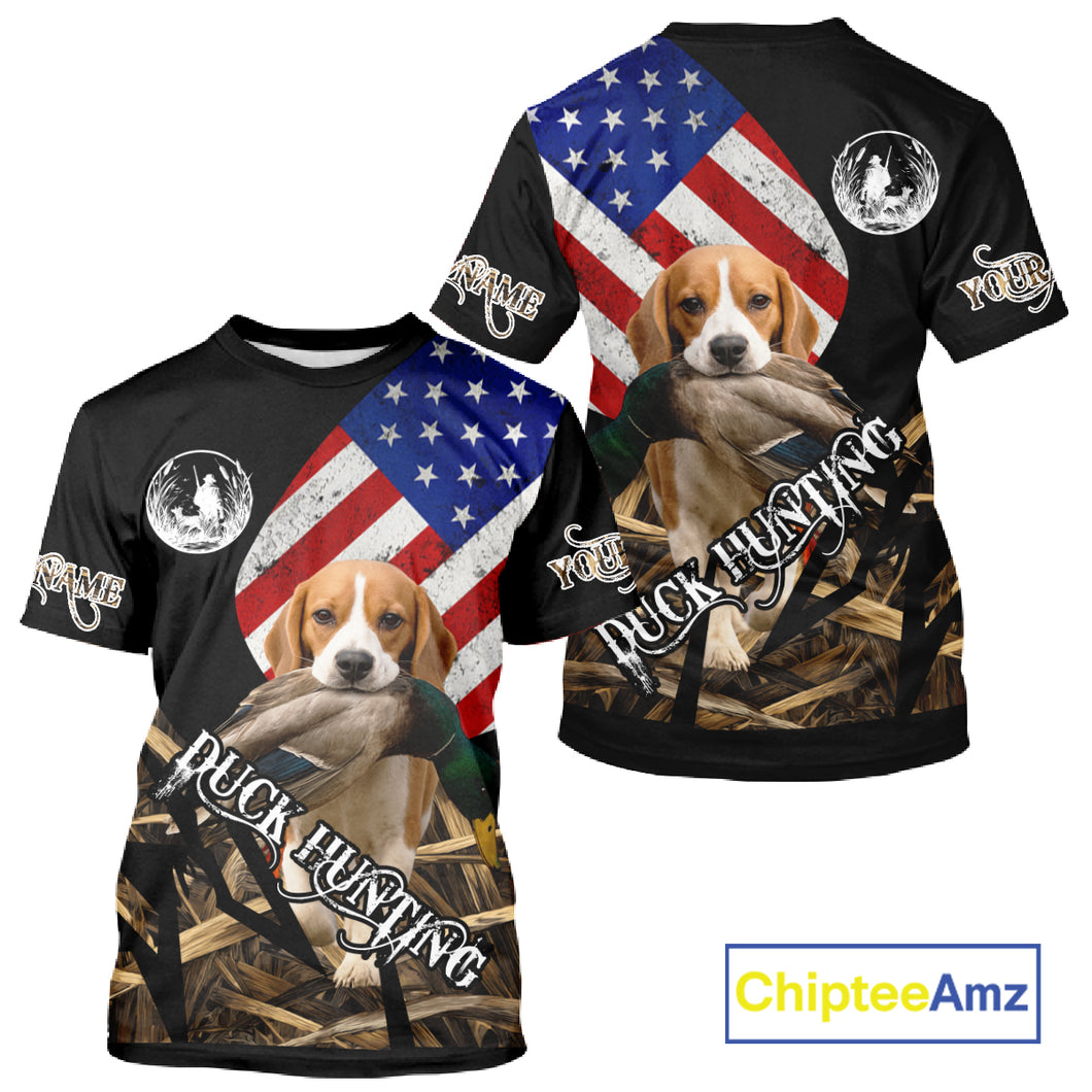 Duck Hunting with Beagle Dog Camo US Flag Custom Name All Over Printed Shirt, Hunting Gift NHT149