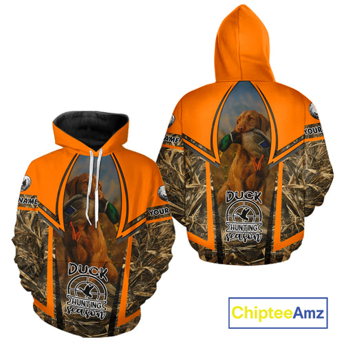 Duck Hunting Shirt Personalized with Vizsla Dog Camo Orange Hunting Clothes For Men NHT151