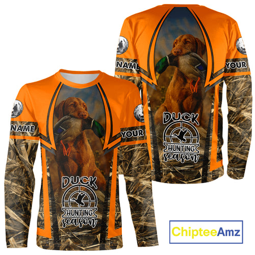 Duck Hunting Shirt Personalized with Vizsla Dog Camo Orange Hunting Clothes For Men NHT151