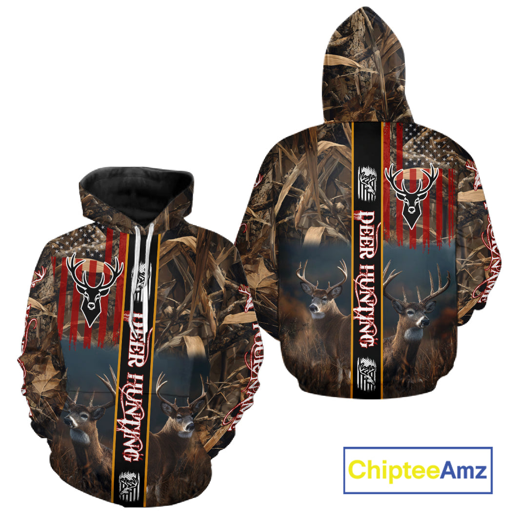 Whitetail Deer Camouflage US Flag Personalized Hunting Shirts, Hoodie Hunting Gift NHT321