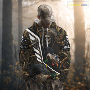 Waterfowl Hunting Shirt Camo Personalized with Black Lab Dog and Grim Reaper, Hunting Gifts NHT168