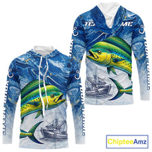 Load image into Gallery viewer, Personalized Mahi Mahi Fishing Shirt With Ocean Wave Graphic, Hooded Long Sleeve Fishing Apparel NHT612