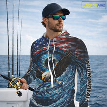 Load image into Gallery viewer, USA Eagle Marlin Fishing Shirt Long Sleeve Hooded – Custom Name Patriotic Ocean Eye Design  NHT429