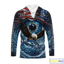 Load image into Gallery viewer, USA Eagle Marlin Fishing Shirt Long Sleeve Hooded – Custom Name Patriotic Ocean Eye Design  NHT429
