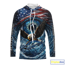 Load image into Gallery viewer, USA Eagle Marlin Fishing Shirt Long Sleeve Hooded – Custom Name Patriotic Ocean Eye Design  NHT429