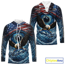 Load image into Gallery viewer, USA Eagle Marlin Fishing Shirt Long Sleeve Hooded – Custom Name Patriotic Ocean Eye Design  NHT429