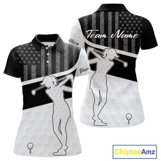 Womens Golf Polo Shirt American Flag Patriotic Golf Shirts Custom Name Golf Gifts For Ladies NHT620