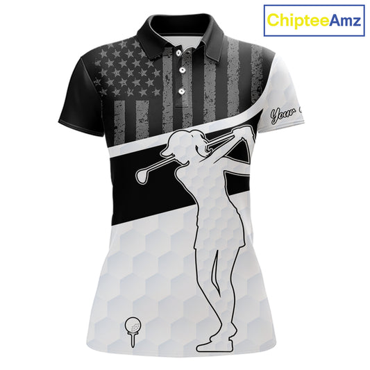 Womens Golf Polo Shirt American Flag Patriotic Golf Shirts Custom Name Golf Gifts For Ladies NHT620