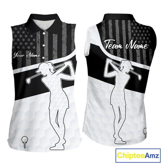 Sleeveless Golf Polo Shirt American Flag Patriotic Golf Shirts Custom Name Golf Gifts For Womens NHT620