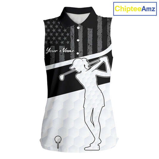 Sleeveless Golf Polo Shirt American Flag Patriotic Golf Shirts Custom Name Golf Gifts For Womens NHT620