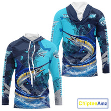 Load image into Gallery viewer, Marlin Fishing Blue Camo Custom Name Long Sleeve, Long Sleeve Hooded Fishing Shirt NHT453