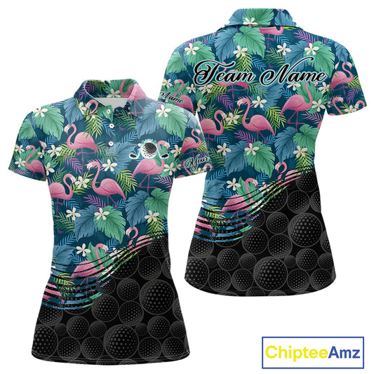 Flamingo Golf Ball Womens Polo Shirts, Colorful Tropical Flamingo Pattern, Tropical Golf Shirt NHT668