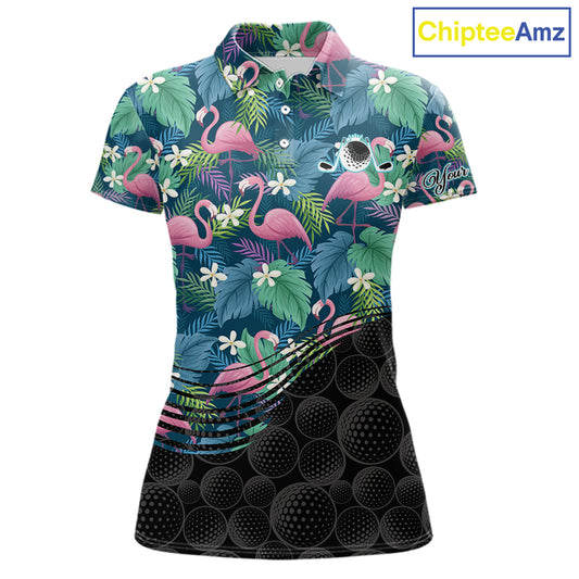 Flamingo Golf Ball Womens Polo Shirts, Colorful Tropical Flamingo Pattern, Tropical Golf Shirt NHT668