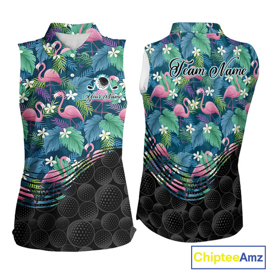 Flamingo Golf Ball Womens Sleeveless Polo Shirts, Colorful Tropical Flamingo Pattern, Tropical Golf Shirt NHT668
