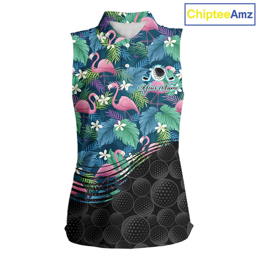 Flamingo Golf Ball Womens Sleeveless Polo Shirts, Colorful Tropical Flamingo Pattern, Tropical Golf Shirt NHT668