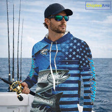 Load image into Gallery viewer, Chinook Salmon Hooded Fishing Shirts Long Sleeve With American Flag, Personalized Salmon Fishing Gift For Father Days NHT682