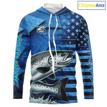 Load image into Gallery viewer, Chinook Salmon Hooded Fishing Shirts Long Sleeve With American Flag, Personalized Salmon Fishing Gift For Father Days NHT682