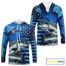 Load image into Gallery viewer, Chinook Salmon Hooded Fishing Shirts Long Sleeve With American Flag, Personalized Salmon Fishing Gift For Father Days NHT682